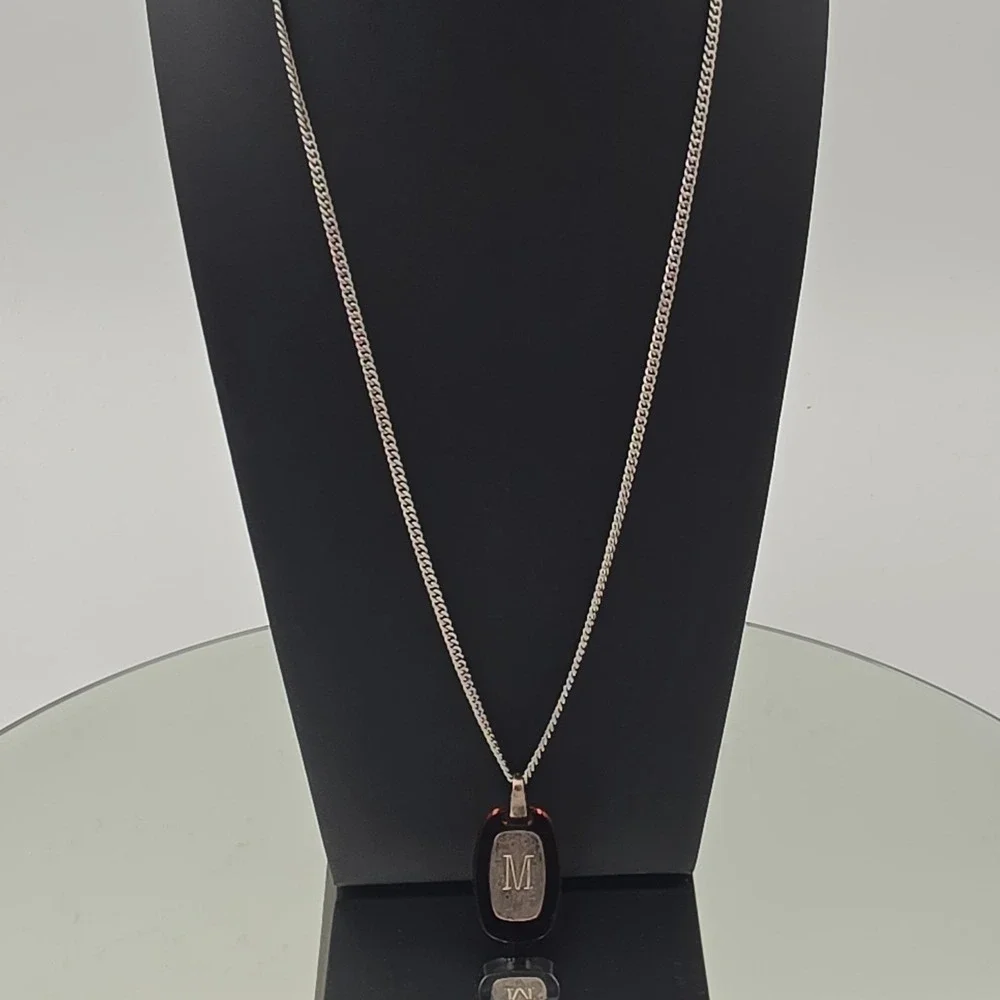 Initial M Pendant Necklace Mens OS Silver Red Good Sterling Curb Chain